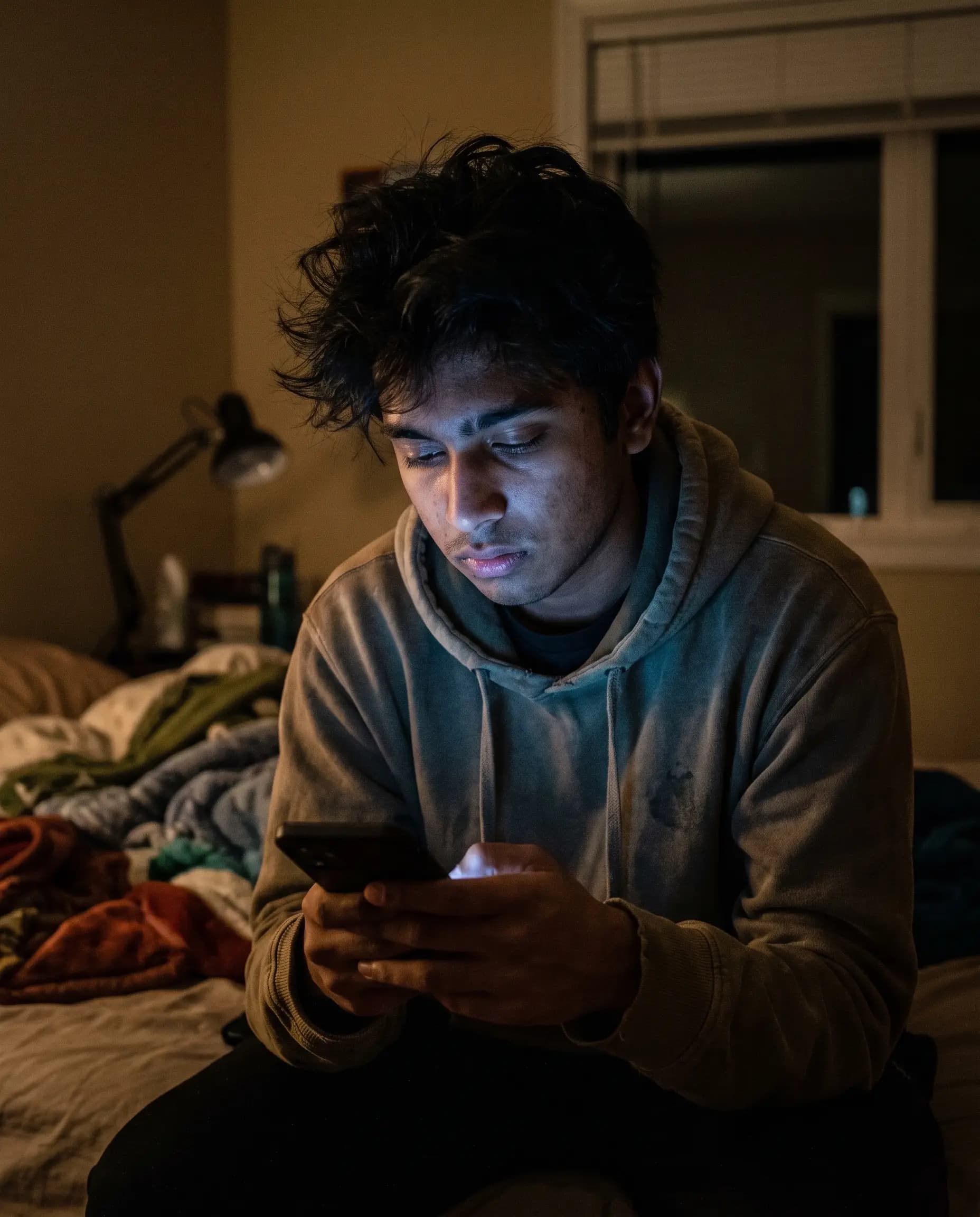 A young person's face lit by the cold glow of a phone screen alone at night